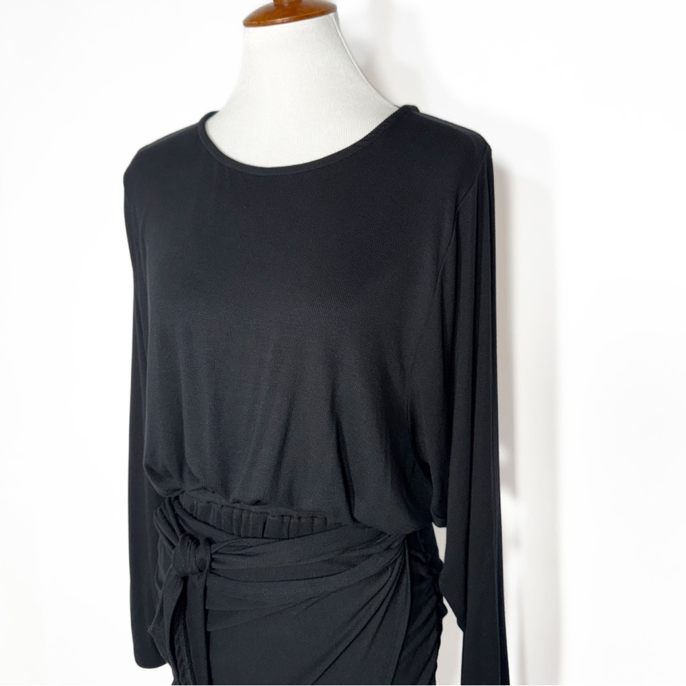 NWT Free People Black Wrap Tie Waist Dolman Long Sleeve Knit LBD Mini Dress M - Picture 5 of 12